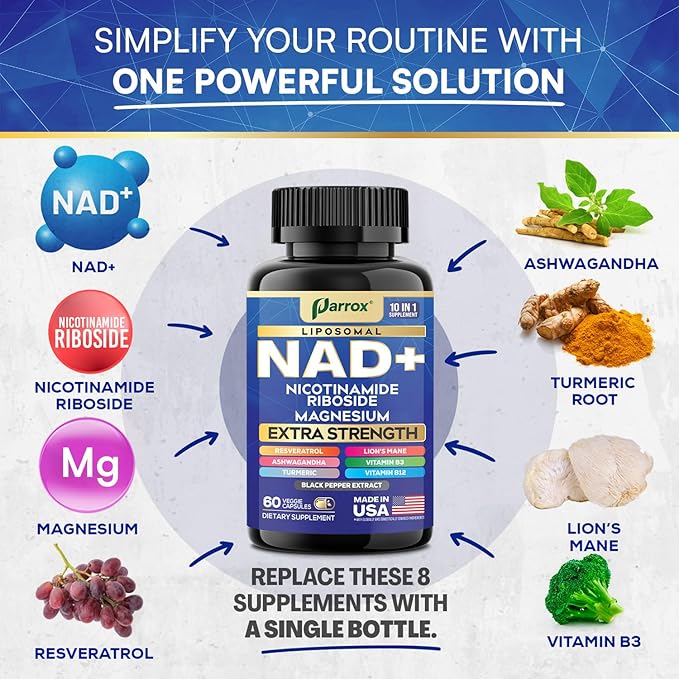 NAD+ Supplement with Liposomal NAD+ Nicotinamide Riboside Magnesium Vitamin B3 &amp B12 Resveratrol Turmeric Ashwagandha Lion’s Mane10-in-1 Extra Strength