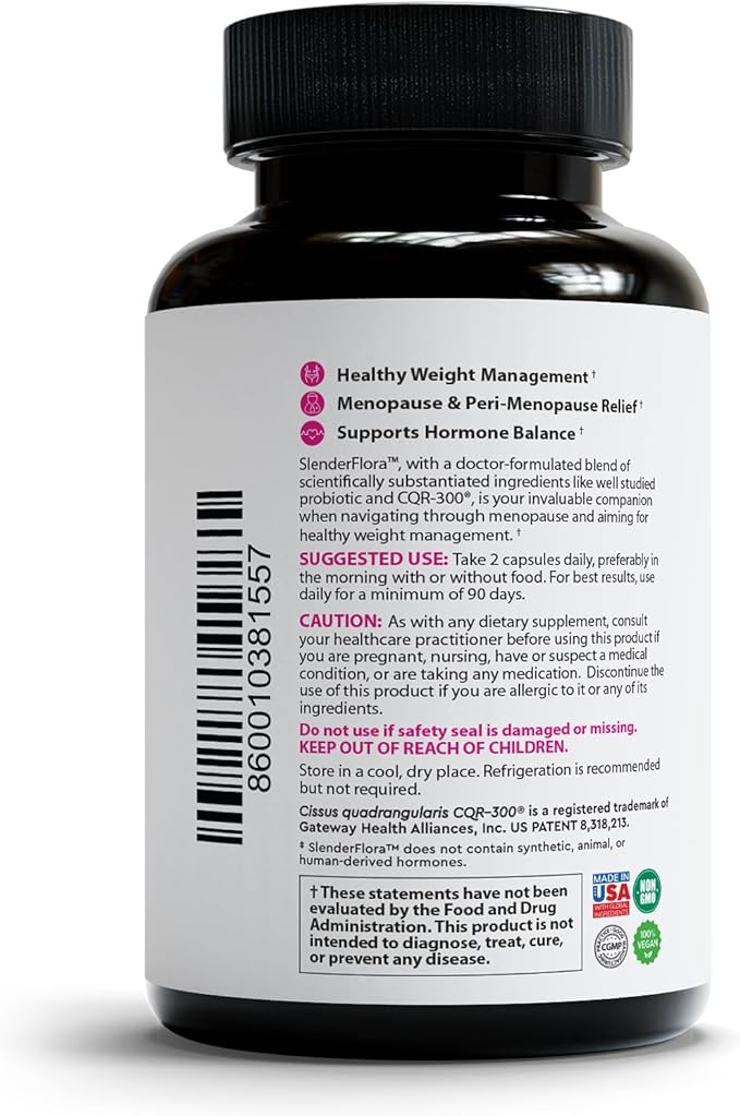 SlenderFlora - Menopause Probiotic Supplement | Weight Management Hot Flashes Night Sweats Bloating | 70 Billion CFU | Gluten Soy &amp Dairy Free | 60 Ct Pack of 3