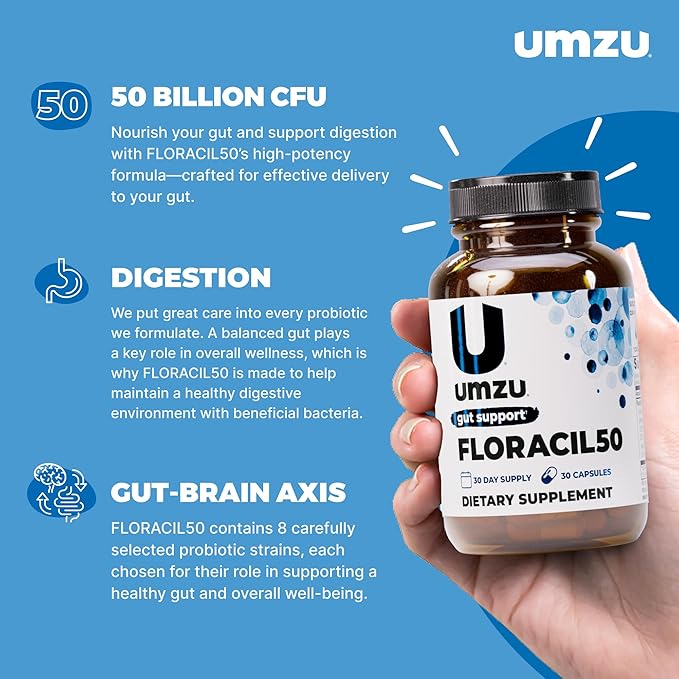 UMZU Floracil50 Probiotic Supplement 30 Day Supply – 50 Billion CFU with Lactobacillus Acidophilus Rhamnosus and Plantarum – Supports Gut Health Digestion Immunity and Microbiome Balance