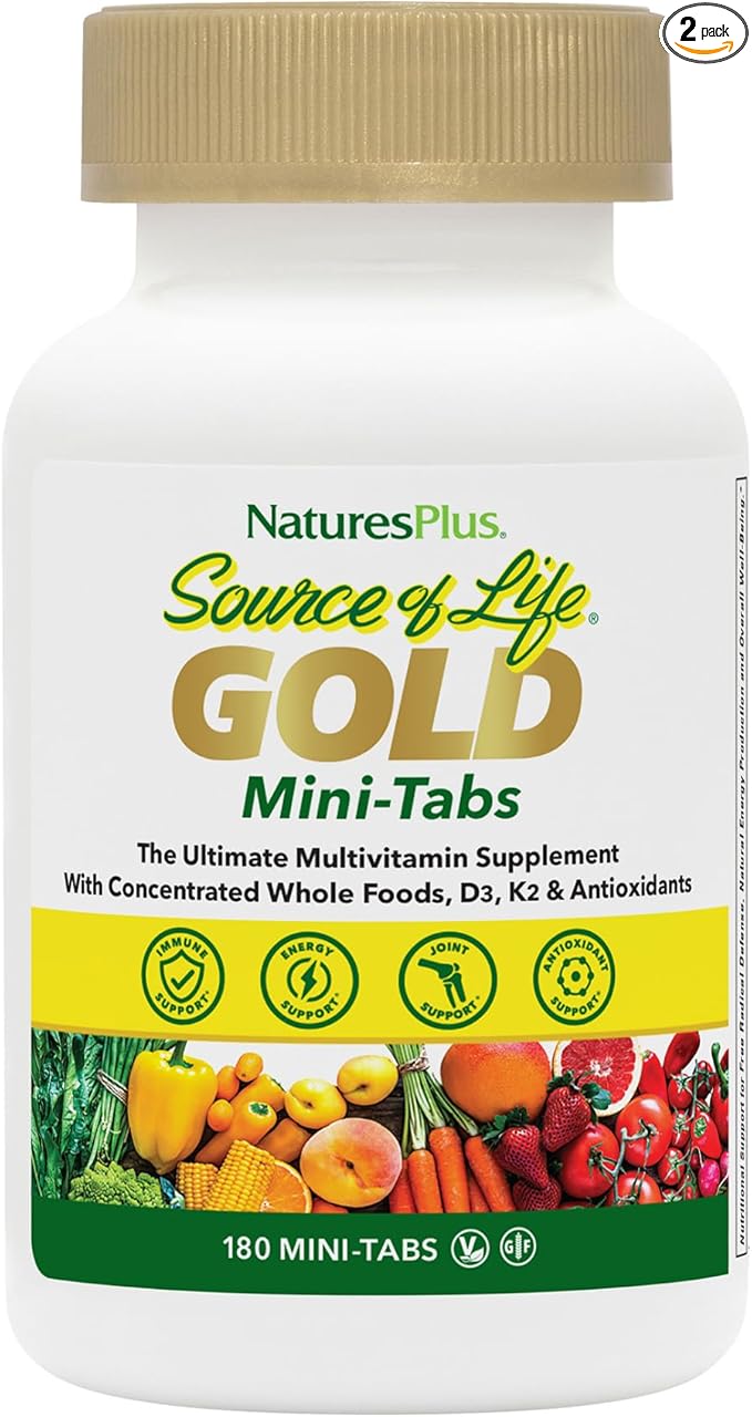 NaturesPlus Source of Life GOLD Multivitamin - 180 Mini-Tabs Pack of 2 - With Vitamins D3 B12 &amp K2 - Vegetarian &amp Gluten Free - 60 Total Servings