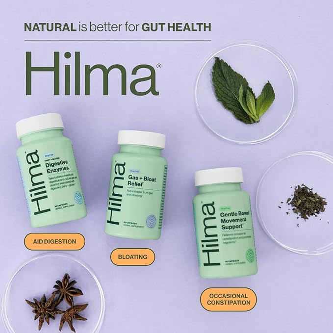 Hilma De-Bloat Bundle for Pre or Post Meal Gas &amp Bloating Relief for Women (50 Vegan Capsules) with Lemon Balm &amp Peppermint Leaf Digestive Enzymes for Women (30 Vegan Capsules) with Dandelio