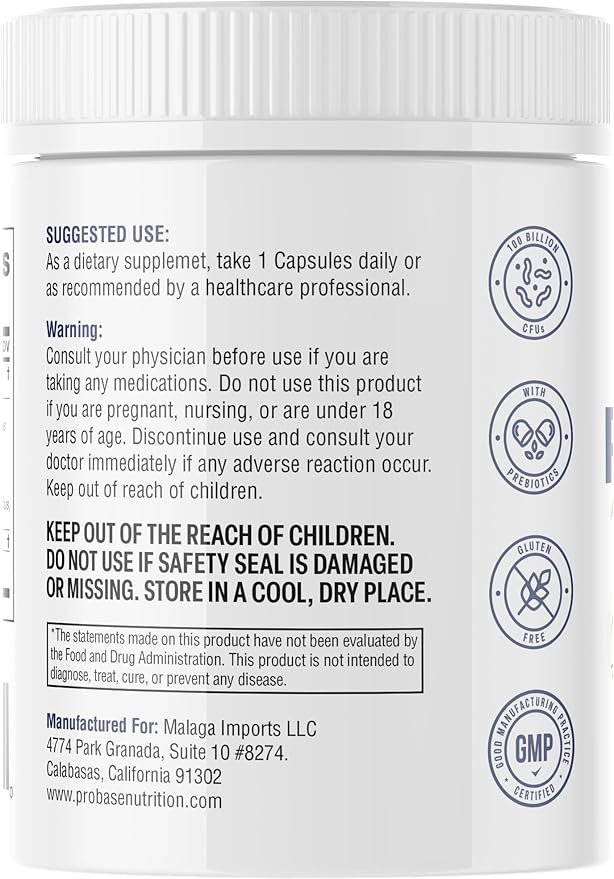 Probase Nutrition Probiotic 100 Billion CFU 10 Strains with Prebiotics 30 Veggie Capsules Gluten Free for Men and Women 30-Day Supply