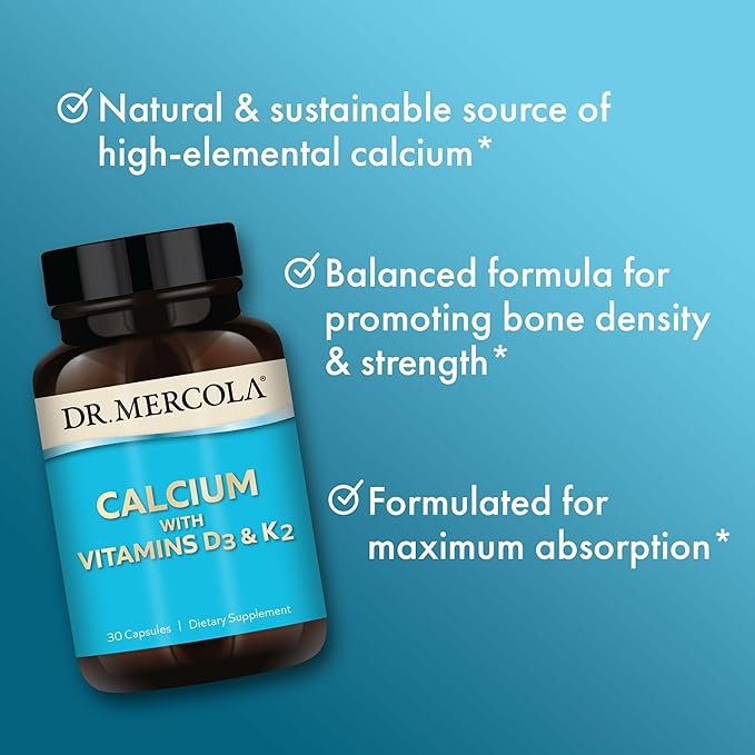 Dr. Mercola Calcium with Vitamins D3 &amp K2 - Supports Bone &amp Heart Health* - Calcium with Vitamins D3 &amp K2 - Eggshell-Derived - Non-GMO Gluten-Free &amp Soy Free - 30 Capsules (30 Serving