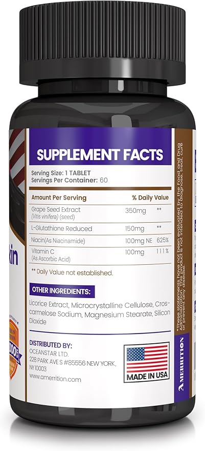Skin Whitening Supplement Infused with Grape Seed Extract Glutathione Vitamin B3 and Vitamin C - 60 Tablet