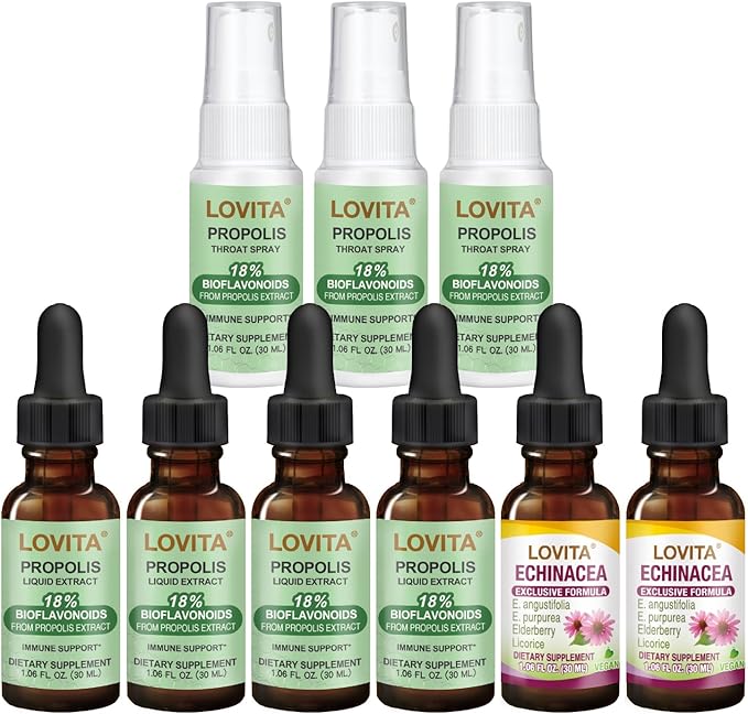 LOVITA 9-Piece Family Bundle - 4 Propolis Liquid 3 Sprays &amp 2 Echinacea Comprehensive Seasonal Defense Kit (9 Pc Value Set)