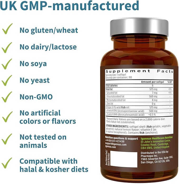 Igennus Ultra Pure Omega-3 EPA 500mg Highly Concentrated IFOS Certified Wild Fish Oil Advanced rTG Triglyceride Form Non-GMO 90 Small Softgels
