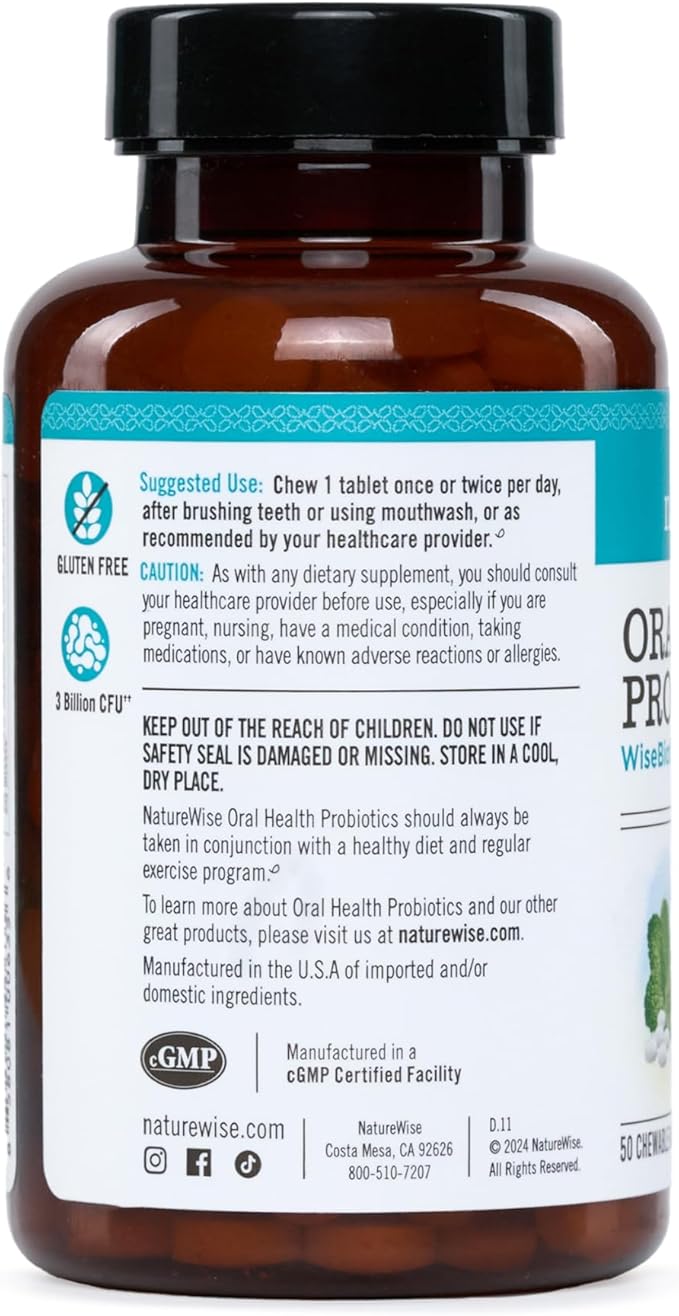 NatureWise Oral Probiotics for Mouth Bad Breath-Chewable Sugar-Free Mint-Lactobacillus reuteri Chewable-Oral Probiotics for Kids&ampAdults-Non-GMO USA Manufactured-[60-Day Supply]60 Count (Pack of 2