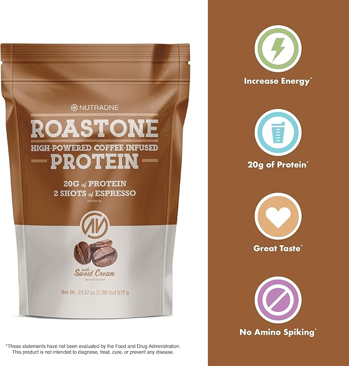 NutraOne RoastOne Coffee Protein Powder Coffee Infused Whey Protein Powder for Energy &amp Focus 160mg Caffeine and 20g Protein (Sweet Cream – 1.35 lbs.)