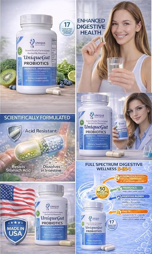 UniqueGut™ Probiotics – 17-Strain Advanced Formula with Prebiotics Postbiotics Digestive Support &amp CoQ-10