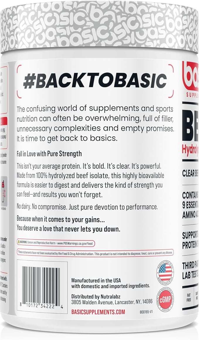 Hydrolyzed Clear Beef Isolate Protein Powder 27g Protein 9 Essential Amino Acids Fat-Free Dairy-Free Sugar-Free Lactose-Free Supports Muscle Protein Synthesis