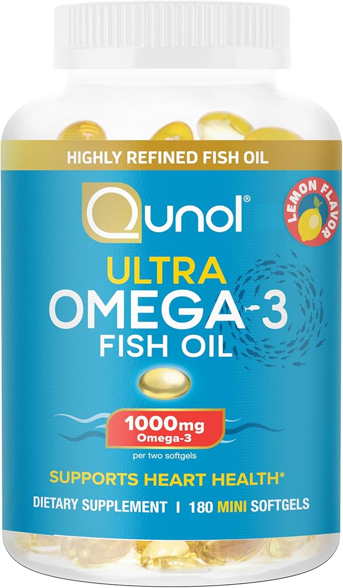 Qunol Fish Oil Omega 3 Mini Softgels 1000mg Omega 3 EPA + DHA Ultra Pure Supplements Heart Health Support Lemon Flavor Easy to Swallow Minis 3 Month Supply 180 Count
