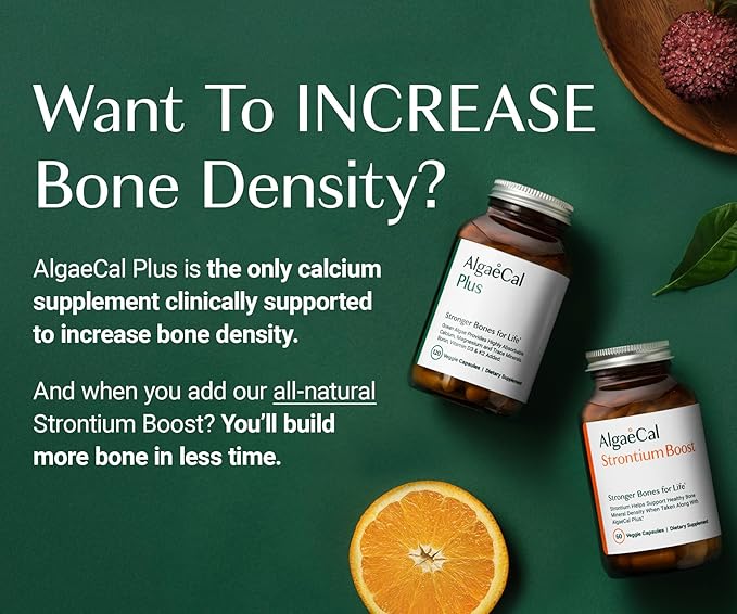 AlgaeCal - Bone Builder Pack for Bone Density Increase Clinically Supported Plant Based Calcium Supplement &amp Strontium Vitamins K2 (100mg) D3 (1600 IU) Magnesium &amp 16 Essential nutrients