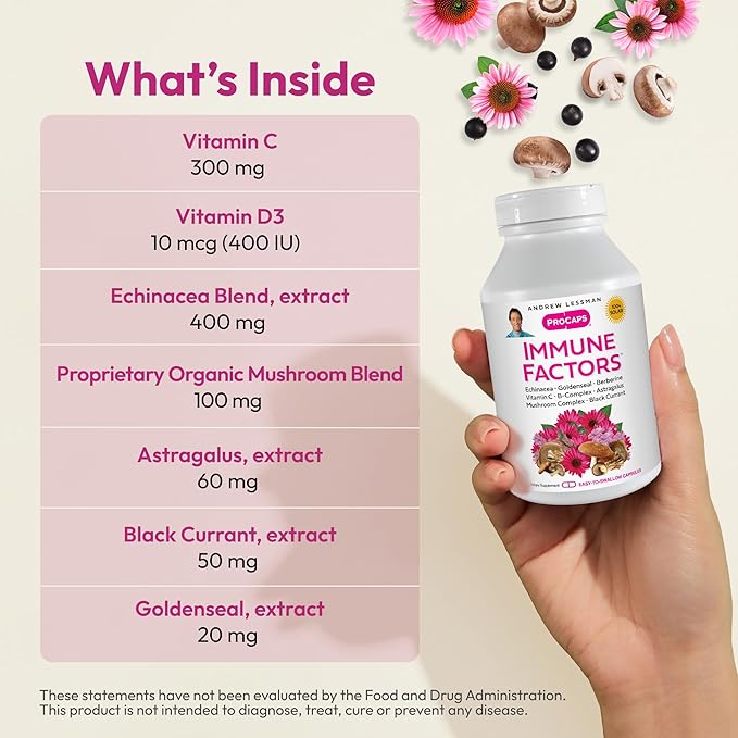 ANDREW LESSMAN Immune Factors 60 Capsules - Echinacea Goldenseal Vitamin C Astragalus Berberine Mushroom Blend Black Currant. Supports and Promotes Immune System and Natural Defenses
