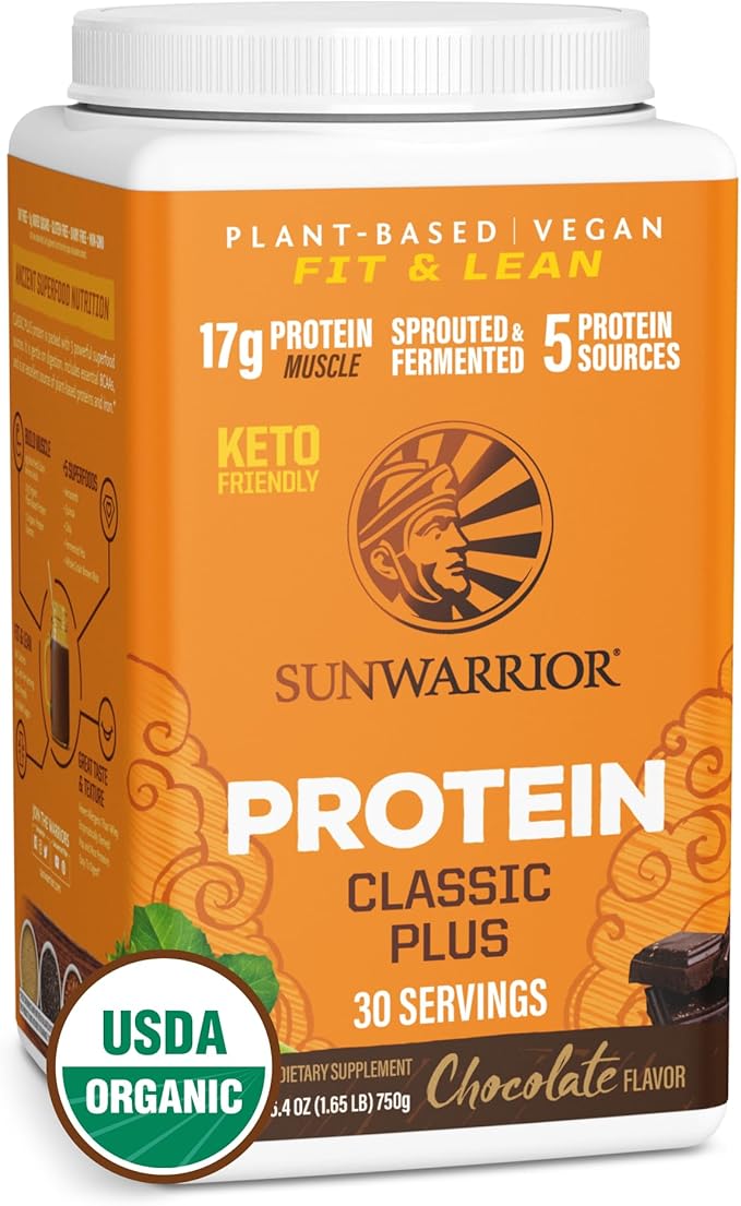 Sunwarrior - Classic Plus Vegan Protein Powder with Peas &amp Brown Rice Raw Organic Plant Based Protein Chocolate 30 Servings