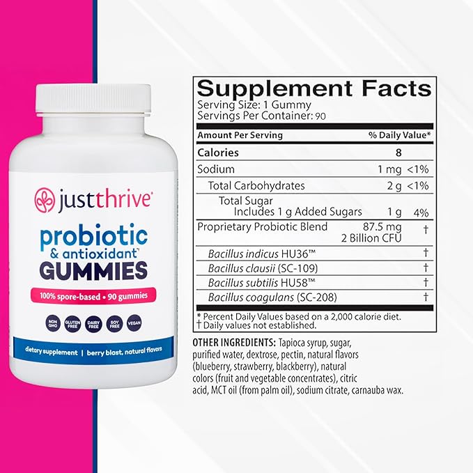 Just Thrive Probiotic Gummies - Kids Men and Womens Probiotic - for Digestive and Overall Health 90 Count