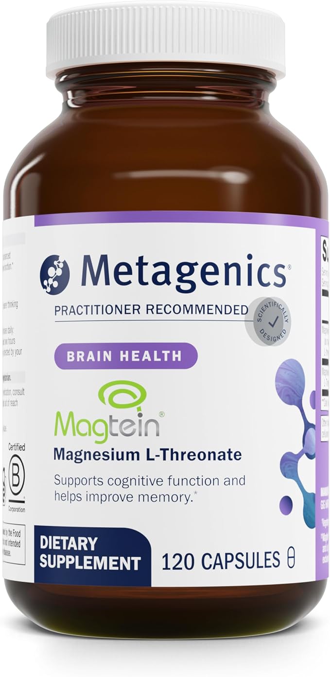 Metagenics Magnesium L-Threonate - Magtein Magnesium for Brain Health Memory Learning &amp Cognitive Support - Clinically Studied Bioavailable Form - Non-GMO Gluten-Free Vegan - 120 Capsules