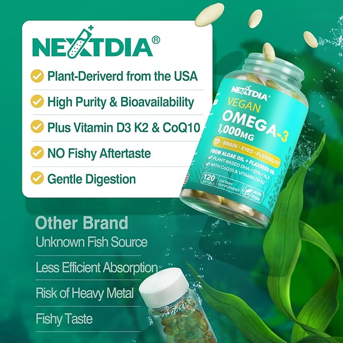 Vegan Omega 3 EPA DHA ALA Supplement + CoQ10 Vitamin D3 K2 (MK7) for Women Men | 1000mg Algae Oil as Fish Oil Alternative | Plant Based Omega 3 Mini Softgels for Bone Brain Eye Skin | 120 Pills
