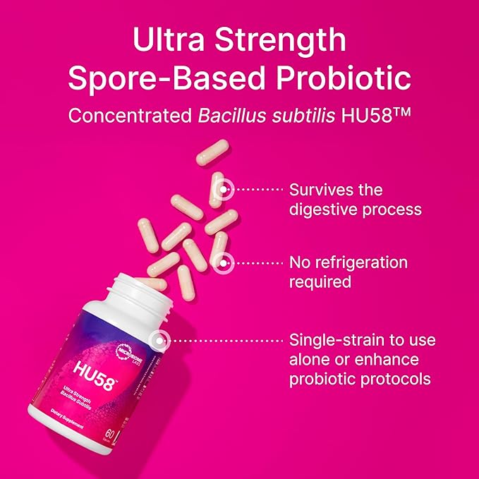 Microbiome Labs HU58 Bacillus Subtilis Probiotics for Women and Men - High Potency Spore Probiotic for Digestive Health &amp Immune Support - Daily Capsules with 10 Billion CFU (60 Capsules) (Pack of