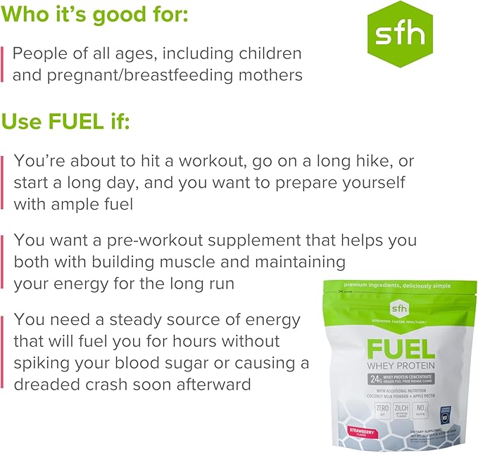SFH Fuel Whey Protein Powder Great Tasting Grass Fed Whey | MCTs &amp Fiber for Energy | All Natural | Soy Free Gluten Free No RBST No Artificial Flavors (Strawberry (1.6lb Bag))