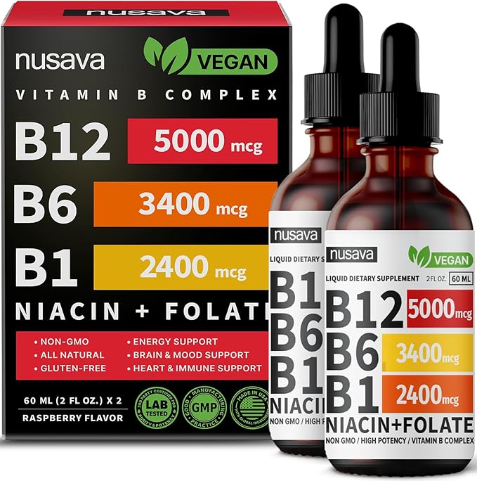 NUSAVA Vitamin B12 Liquid Drops Bundle Strawberry Flavored D3 K2 &amp Vanilla Flavored D3 K2 - Potent Liquid Vitamins for Heart Energy Brain &amp Immune Support - Non-GMO Gluten-Free 2pk Each