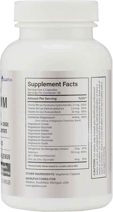 High Absorption Magnesium Complex Supplement 444mg 120Cap | 7 Forms Citrate Glycinate Malate Aspartate Taurate Gluconate Oxide + B6 B12 D3 Zinc Selenium Manganese | Stress Sleep Calm Muscle Heart