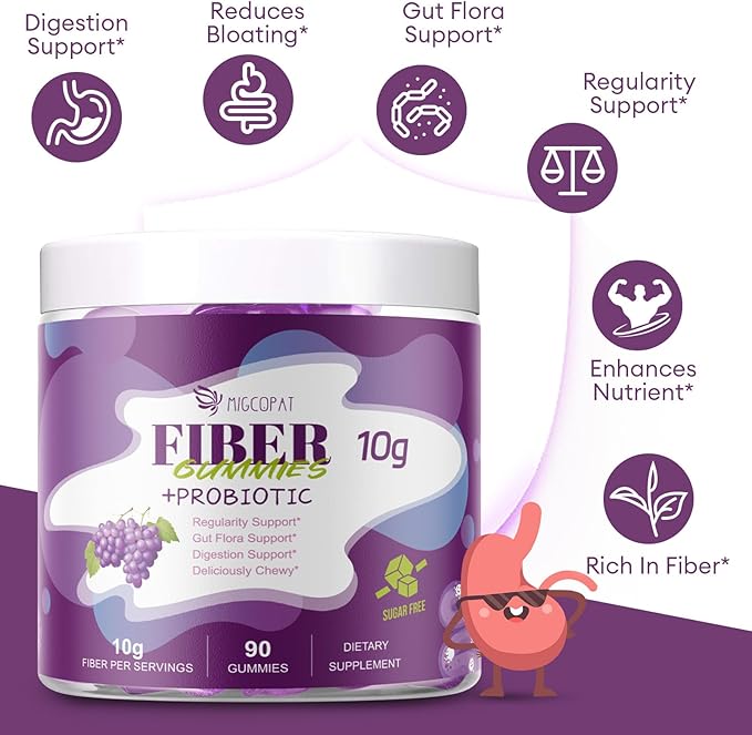 10G Fiber Gummies for Adults No Sugar Added Grape Flavor Fiber Supplement with 30 Billion CFU Probiotics Blend ACV Vitamin C Inulin Support Digestive Health 90 Count