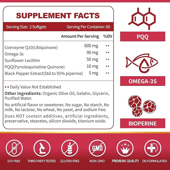 ZEBORA CoQ10-600mg-Softgels - Extra Strength Coenzyme Q10 with PQQ Omega-3 &amp BioPerine - High Absorption CoQ10 Supplements Antioxidant (Ubiquinone) for Heart Health &amp Energy Production 120 S