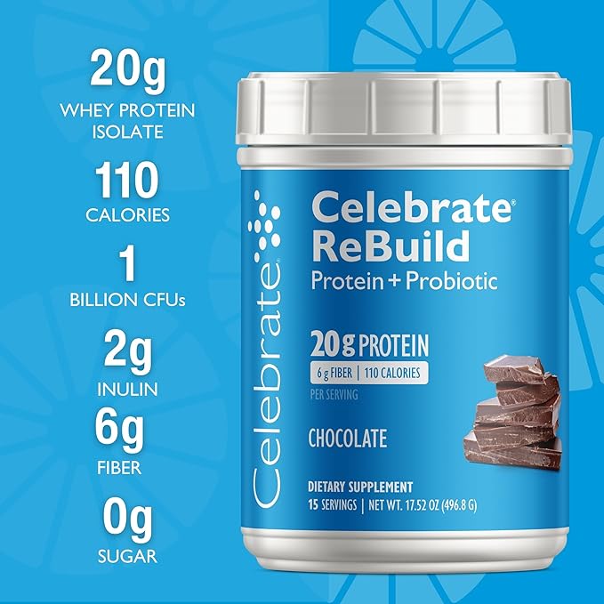 Celebrate Vitamins Rebuild Protein Powder with Probiotics &amp Prebiotics - 20g Whey Isolate Protein High Fiber for Post Bariatric Surgery Patients - Chocolate (15 Servings)