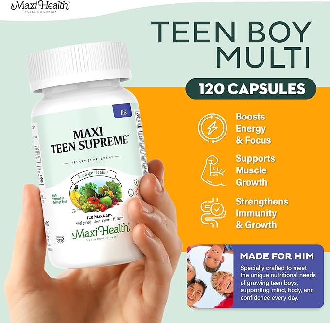 Teen Vitamins for Boys 12-17 - Teen Multivitamin Supreme with D3 Iron Calcium Biotin Digestive Enzymes – Teenager Boy Multi Vitamins for Energy Brain &amp Mood Support – 120 Count