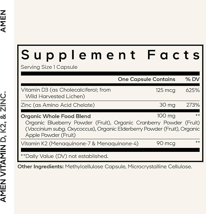 Amen Vitamin D K2 &amp Zinc Cholecalciferol D3 5000 IU Organic Whole Food Blend with Apple Blueberry Cranberry Elderberry Powder Fruits Vegan Supplement D3 K2 Vitamins Non-GMO - 60 Capsules