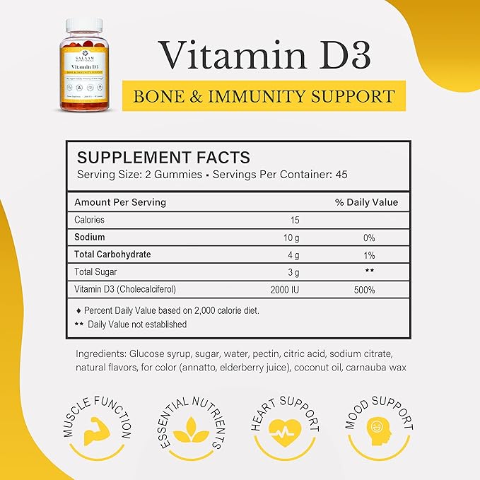 Salaam Nutritionals - 2000 Iu Vitamin D3 Vitamin D3 Gummies for Adults Bone Teeth and Immunity Support 90 Count 1 Pack