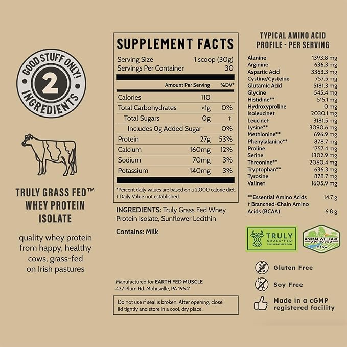 Earth Fed Muscle Truly Buff Truly Grass Fed Whey Protein Isolate - No Artificial Ingredients Soy Free Gluten Free Non-GMO and Hormone Free (2 Pound 30 Servings Unflavored)