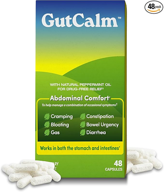 GutCalm - IBS Relief - Peppermint Oil Capsules - Bloating Gas Constipation and Digestive Comfort Supplement - 48/ct