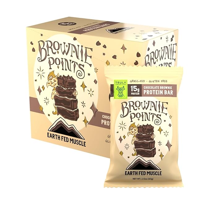 Earth Fed Muscle Brownie Points – Chocolate Brownie Grass Fed Whey Protein Bars | 15g Protein Snack | Gluten Free Non-GMO All-Natural Clean Energy | 2.12 oz Bars (10 Count)