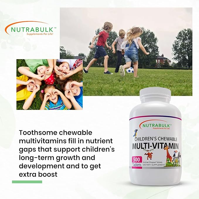 NutraBulk Children’s Chewable Multi-Vitamins - Promoting Kids' Overall Development - USA-Made May Help to Support Immune Bone Brain &amp Overall Well Being- Vegan &amp Gluten Free - 500 Cherry Ta