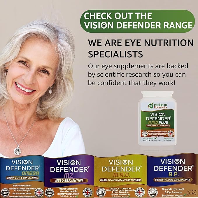 Vision Defender Plus Eye Supplement: AREDS2 Formula Vitamins Minerals (Lutein Zinc) Enhanced with Meso-Zeaxanthin for Complete Eyes/Eyesight Health Care &amp Support. 60 Easy-to-Swallow Vegan Capsu