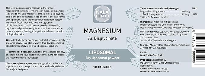 Liposomal Magnesium Bisglycinate Powder 500 mg Capsules – Vegan Non-GMO Pure Active Ingredient No Additives 80% Elemental Magnesium per Serving (180)