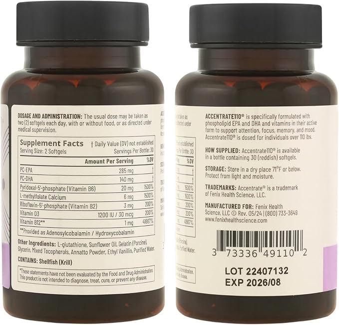 Accentrate110 - Focus Supplement - Methylated Vitamin B Complex with Omega 3 Fatty Acid Supplement - L-Methylfolate Vitamin B12 P-5-P Riboflavin VIT D – 60 Softgels (1 Month Supply)