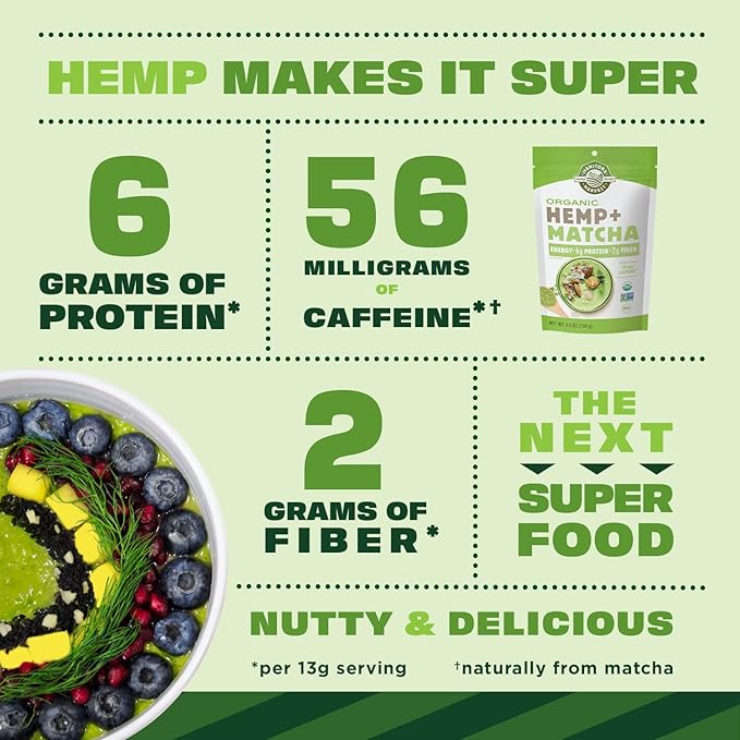Manitoba Harvest Organic Hemp &amp Matcha Powder 5.5 oz Energy 6g of Protein 2g of Fiber per serving Matcha Protein Powder Vegan Non-GMO Project Verified 56g of Caffeine Packaging May Vary