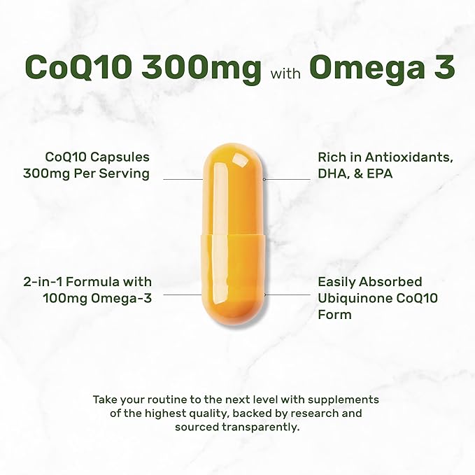 DEAL SUPPLEMENT CoQ10 300mg with Omega 3 100mg 240 Capsules | Bioavailable Coenzyme Q10 Formula | Supports Heart Energy &amp Brain Health | Antioxidant Support | Non-GMO
