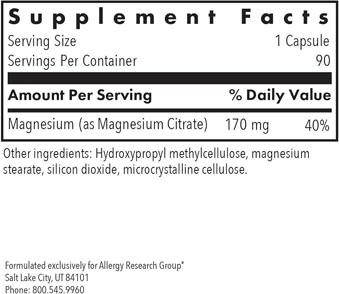 Nutricology Magnesium Citrate Dietary Supplement - Bone &amp Stress Support Well-Absorbed Hypoallergenic Vegetarian Capsules Gluten Free - 180 Count