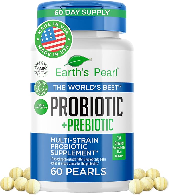 Earth's Pearl Probiotics for Women &amp Men &amp Kids - Pearl-Shaped Probiotic &amp Prebiotics with BIO-Tract® 4 Billion CFU Gut Health Support (60-Day Supply)