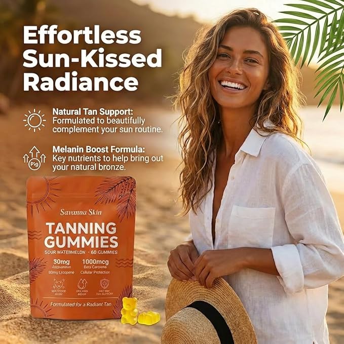 Savanna Skin Sunless Tanning Gummies for Natural Bronze Glow - with Beta Carotene Vitamin C &amp E - Vegan &amp Sugar-Free Skin Hydration Supplement - 60 Count