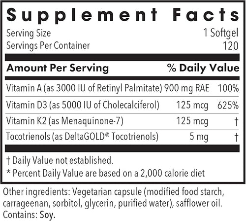 Allergy Research Group Vitamin D3 Complete 5000 - Delivers 125 mcg Vitamin D3 - with Vitamin A &amp K2 - Supports Bone Strength Immune Balance &amp Healthy Mindset - 120 Servings - 120 Capsules