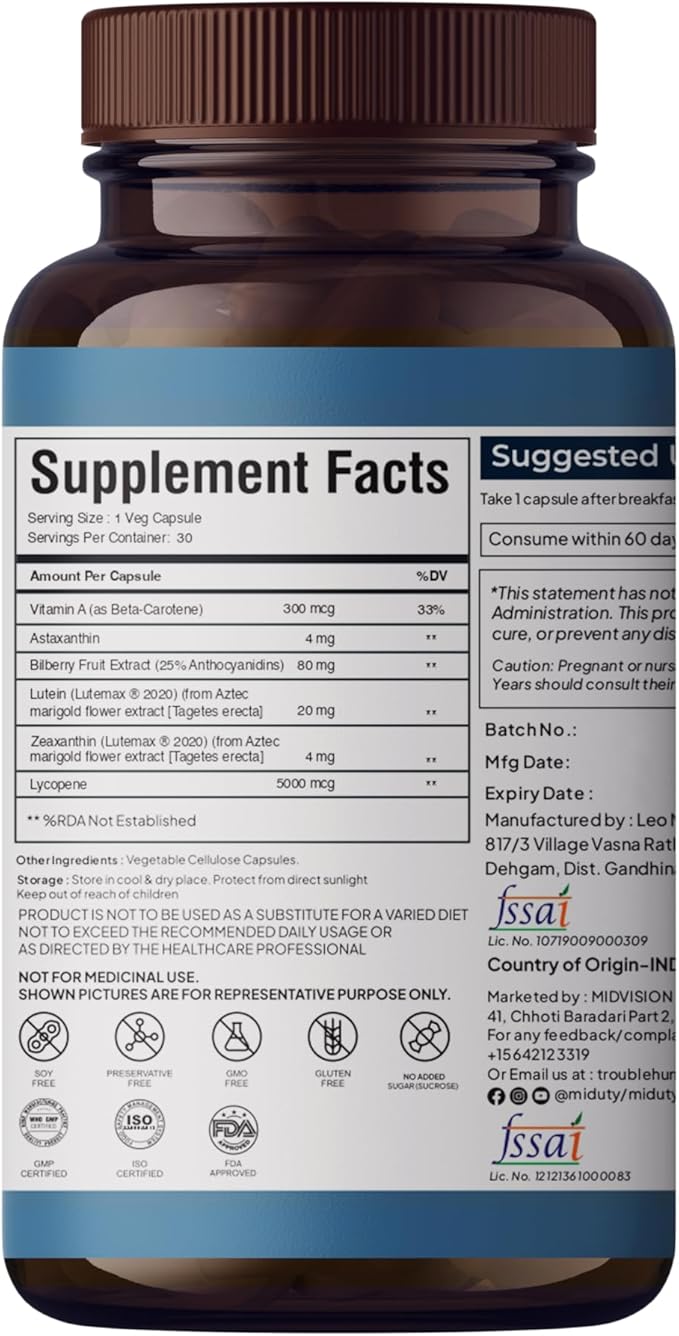 Zeaxanthin &amp Lutein - Eye Health Supplement - Vitamin A - Astaxanthin - Antioxidant Formula - Bluelight Protection - Gluten Free - Non-GMO - 30 Capsules