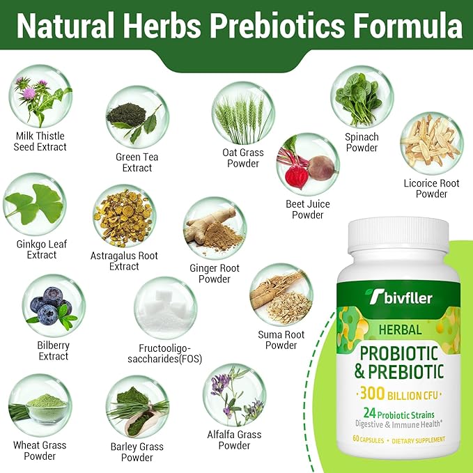 Probiotics for Women Men- 300 Billion CFU 24 Strains Probiotic+15 Organic Herbs Prebiotics Blend Pre and Probiotics for Digestive Health Immune &amp Gut Diarrhea Bloating Vegan 8 Month Supply