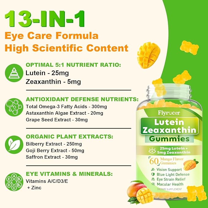 Sugar Free Lutein Gummies 25mg Lutein and Zeaxanthin Supplements for Eye Health 13-in-1 Eye Care Formula with Omega-3 Bilberry Saffron-Vision Health Eye Strain Dry Eyes Vegan Mango Flavor 120 Ct