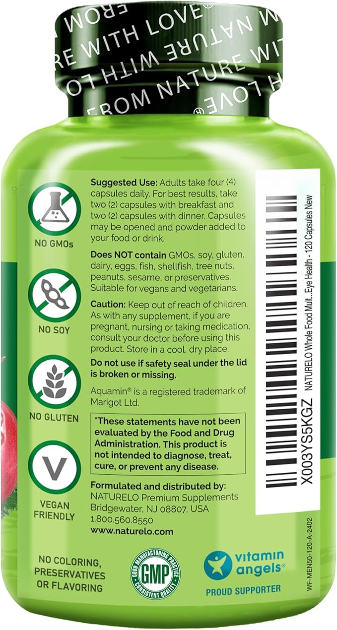 NATURELO Whole Food Multivitamin for Men 50+ - with Vitamins Minerals Organic Herbal Extracts - Vegan Vegetarian - for Energy Brain Heart and Eye Health - 120 Capsules