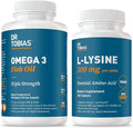 Dr. Tobias Omega 3 Fish Oil 2000 mg + L‑Lysine 500 mg Tablets – Triple Strength EPA/DHA for Heart &amp Brain Support with Essential Amino Acid for Collagen &amp Skin Health