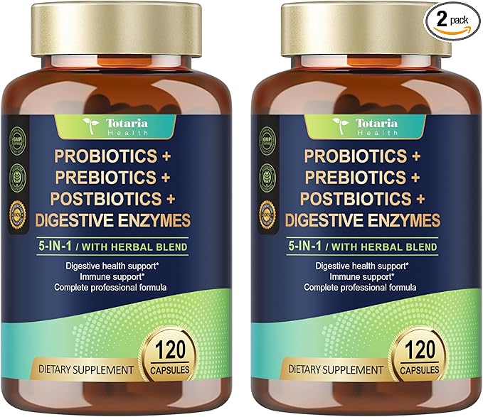 Totaria (2 Packs) 5-in-1 Probiotic Prebiotic &amp Postbiotic for Women Men 60 Billion CFU 24 Strains w/Digestive Enzymes Slippery Elm Daily Complete Gut Health Digestive &amp Immune Support